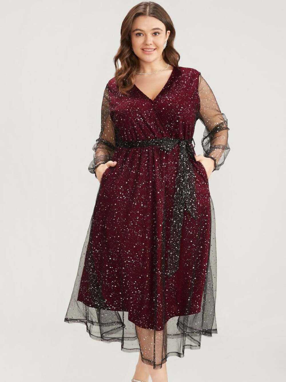 Bloomchic size 1X 14-16 Mesh Belted Dress Burgundy Silver Glitter Pockets